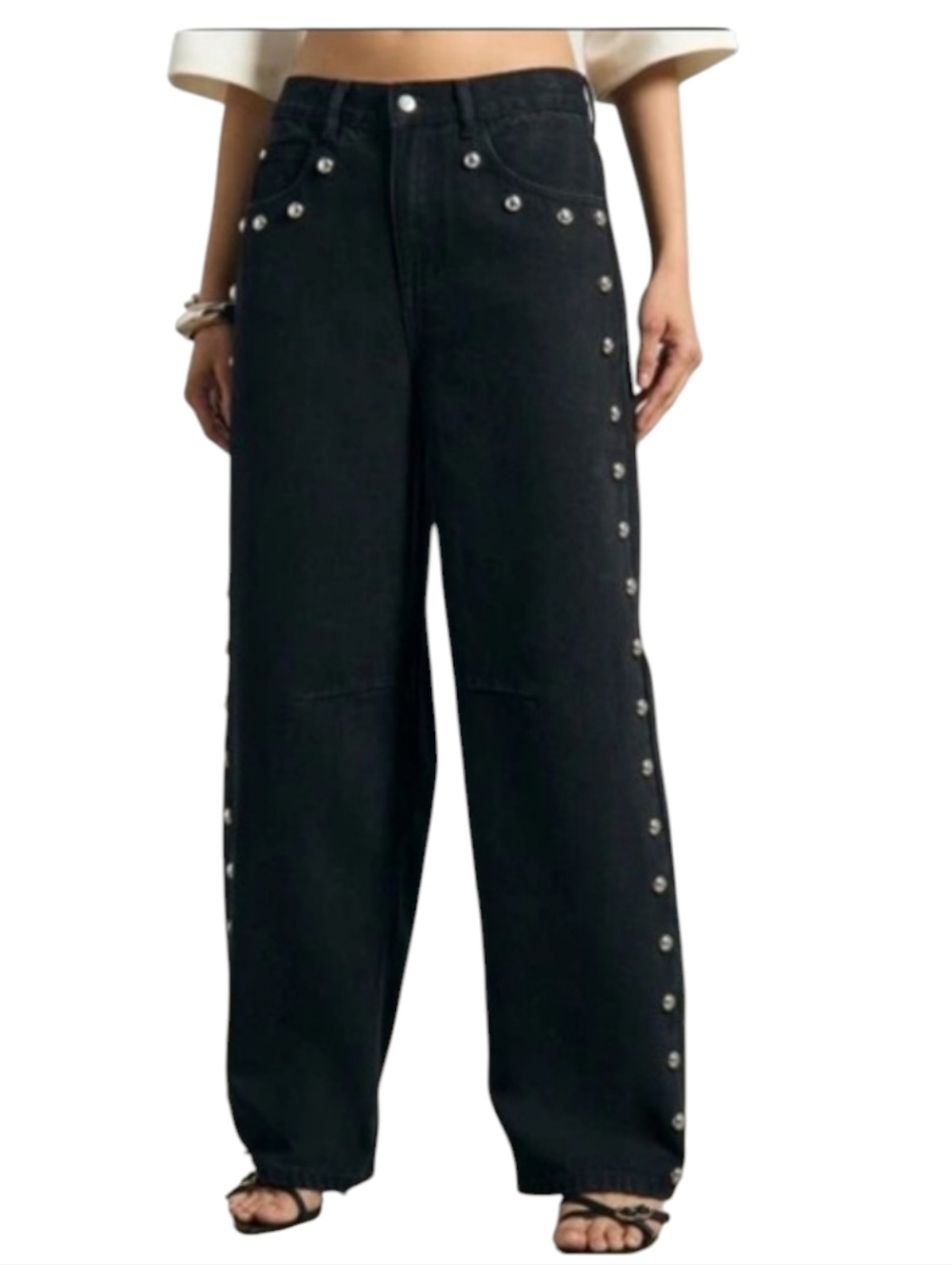 AiiRZ Studded Wide Leg Jeans Black Denim Barrel Pants Size 30